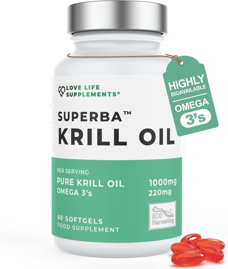 Krill Oil Omega 3 kapslar Hög styrka 1000mg | Hållbart Fisk i Antarktis | 60 Red Softgels | Gemensamma vårdtillskott | med kraftfull antioxidant Astaxanthin och fosfolipider för Absorption
