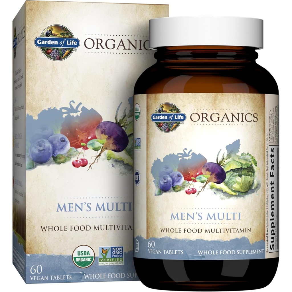 Garden of Life Organics Whole Food Multivitamin för män, 60 tabletter, Vegan mens vitaminer och mineraler för hälsa och välbefinnande, certifierad organisk vegan multi