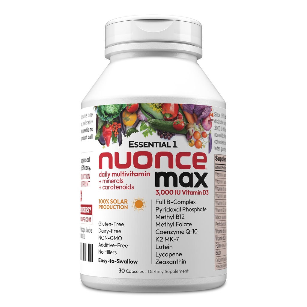 ANDREW LESSMAN Essential-1 nuonce max Multivitamin 3000 IE Vitamin D3 30 Small Capsules. 100 mcg Methyl B12. CoQ10 Lutein Lycopene Zeaxanthin. Hög styrka. Inga tillsatser. Ultra-Mild One Daily Capsule