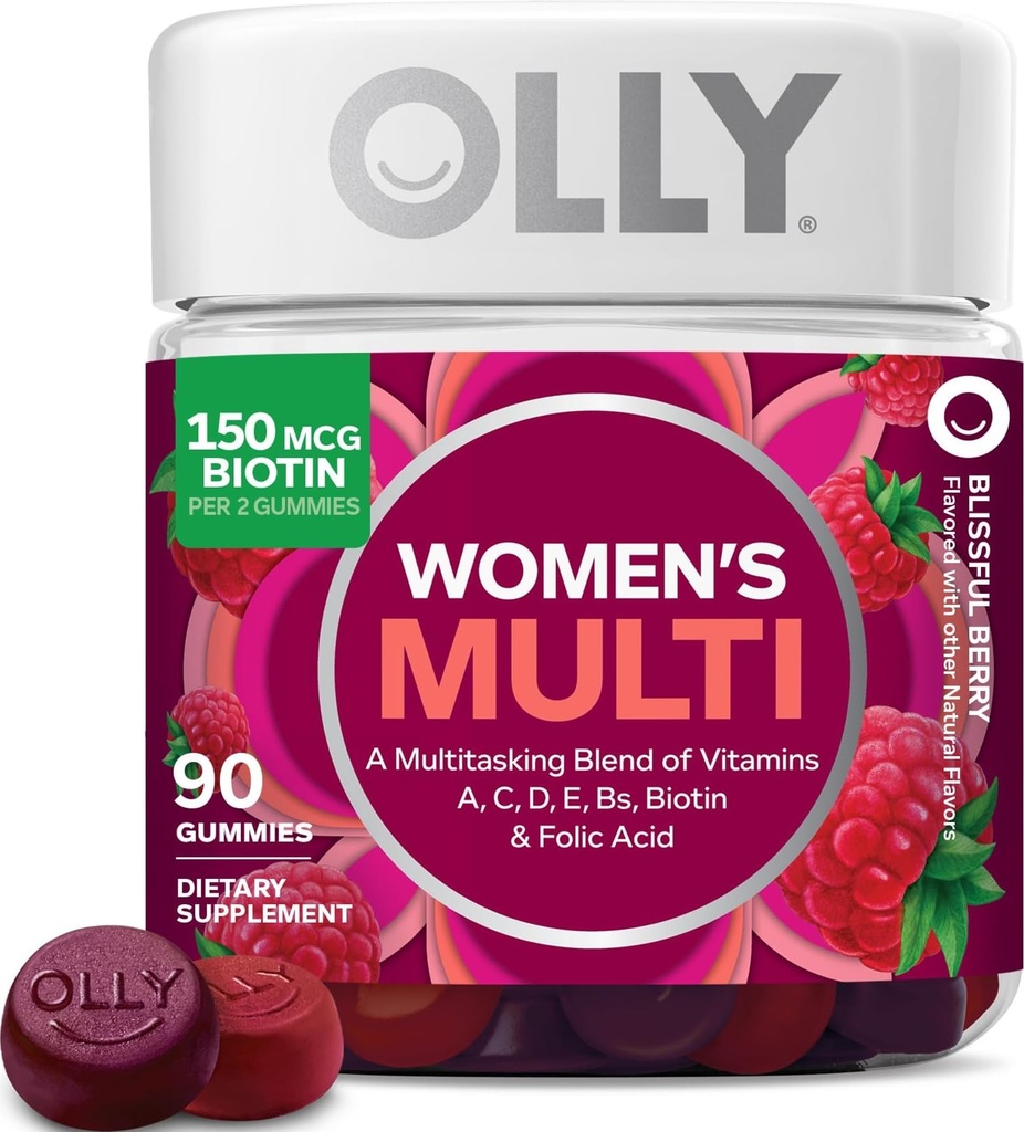 OLLY Women's Multivitamin Gummy, vitamin A, D, C, E, Biotin, Folsyra, Vuxen tuggbar vitamin, Berry Flavor, 45 Day Supply - 90 Count