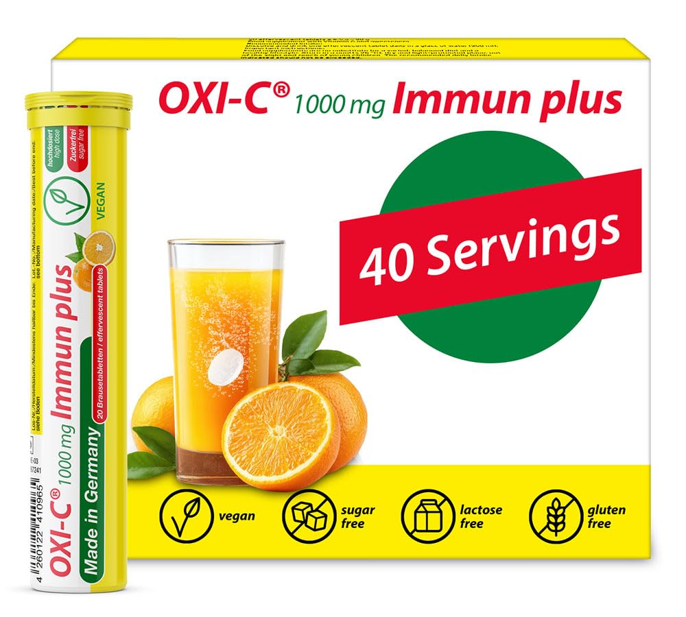 T&D Oxi C 1000 mg Vitamin C - 40 Vegan Drink Effervescent tabletter - Orange smak - Tillverkad i Tyskland