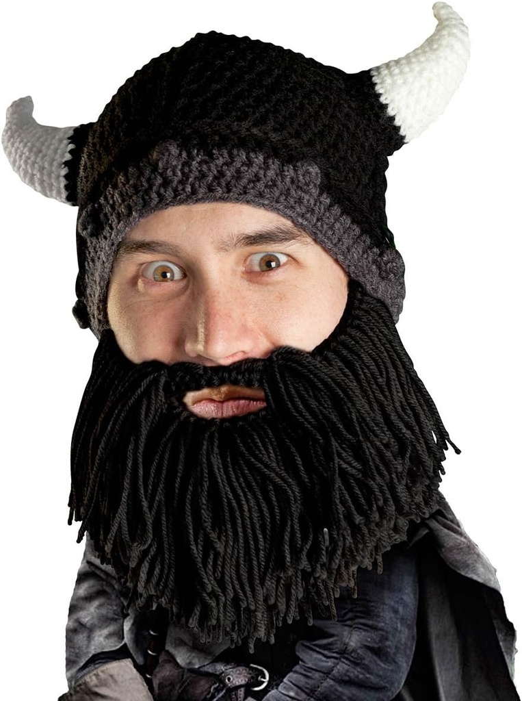Beard Head Viking Looter - Original Handmade Knit Helmet och Removable Black Beard