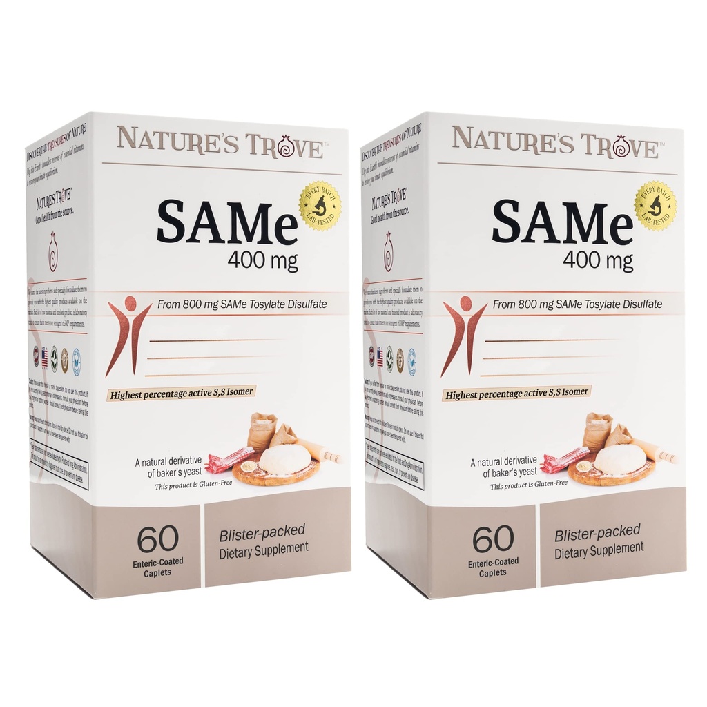Naturens Trove SAM-e 400mg 120 Enteric Coated Caplets (2 Boxar av 60) - Vegan, Kosher, Non-GMO, Soy Free, Gluten Free - Mood and Joint Comfort - Cold Form Blister Packed