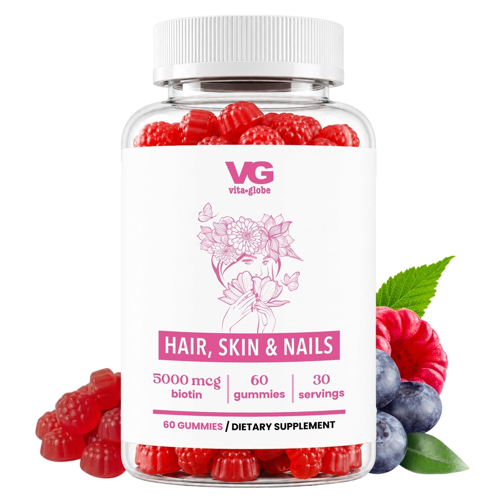 VITA GLOBE Hair, Skin & Nails + Collagen Gummies - 20mg med vitamin A, C, D, E, B6 & Biotin | Skönhet & Wellness Supplement för Hälsosam hårväxt, Radiant Skin & Strong Nails - 60 Count (Pack av 1)