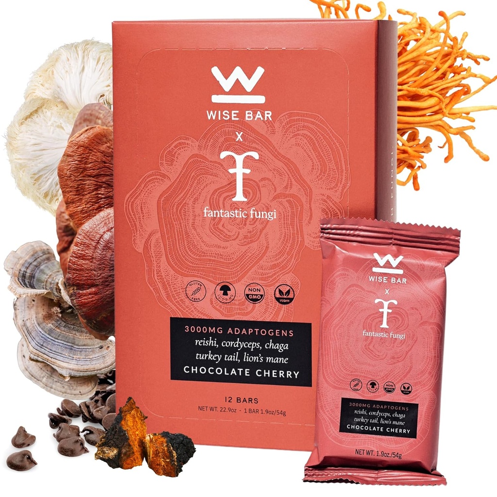 Wise Bar Adaptogen Mushroom Nutrition Bars med Reishi, Lions Mane & Ashwagandha, Organic Vegan & Gluten Free Snacks for Natural Focus, Energy & Immunity Support, Chocolate Cherry Flavor, 12 Count