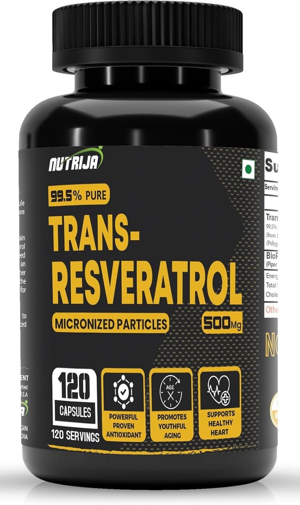 Trans Resveratrol 500MG kapslar - 99,5% ren mikroniserad och mycket biotillgänglig komplement | Sakta ner åldrande, beprövad kraftfull antioxidant | Förbättrar metabolism och hjärthälsa (120 kapslar)