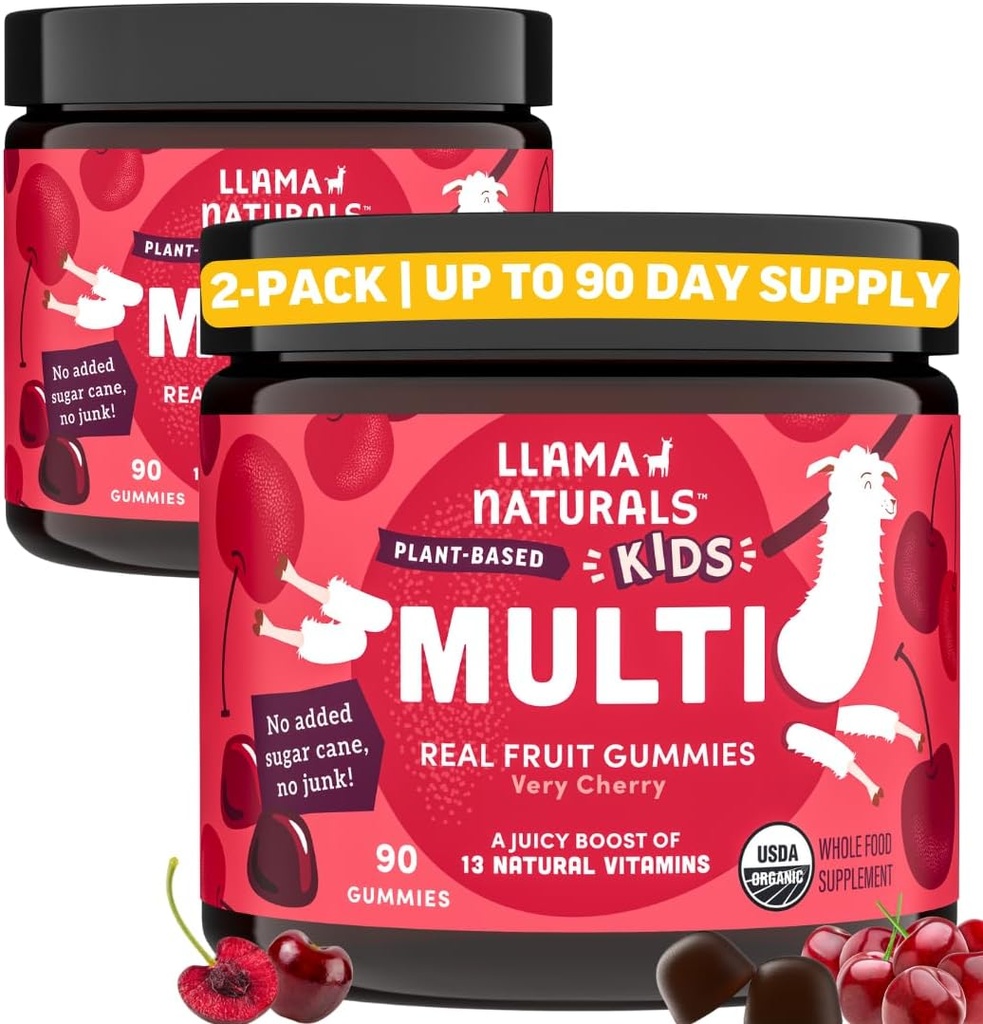 Llama Naturals Kids Multivitamin Gummies, Vegan, Organic med vitamin D, C & K, Toddler Real Fruit Gummy Vitaminer, Chewable Supplement, Whole Food Multivitamin, No Added Sugar Cane, Cherry, 2 Pk