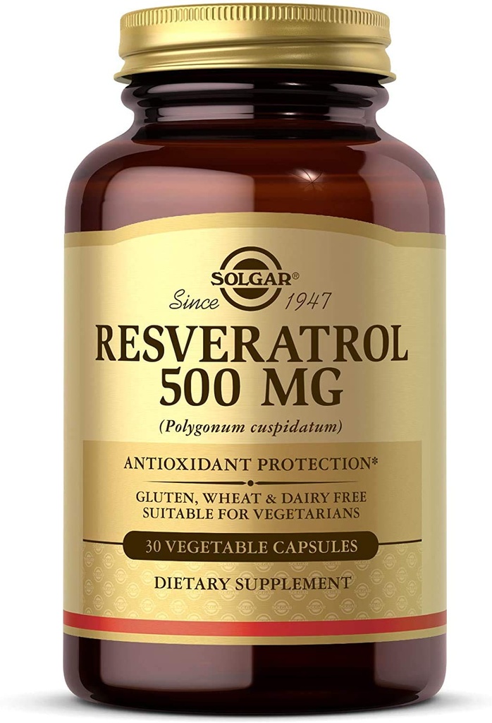 Solgar Resveratrol 500 mg, 30 vegetabiliska kapslar - Antioxidantskydd - Glutenfri, Mjölkfri - 30 portioner