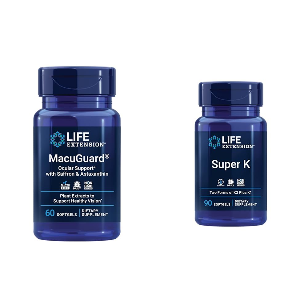 Livslängd Macuguard Eye Health Supplement med Lutein, Meso-Zeaxanthin, Saffron & Astaxanthin - 60 greve och Super K Vitamin K1 K2 MK-7 MK-4 Vitamin C - 90 Softgels