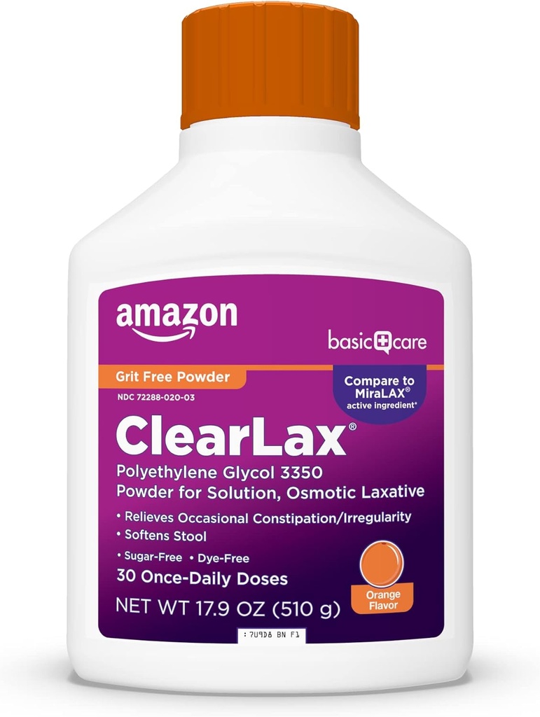 Basic Care ClearLax Polyethylene Glycol 3350 Powder for Solution, Orange Flavor, Osmotic Laxative, Stool Softener, Relieves Occasional Constipation, 1,11 pund (Pack av 1)