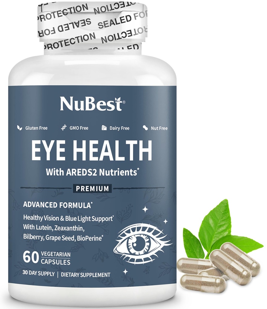 NuBest AREDS 2 Eye Vitaminer med Beta Carotene Carrot Powder, 20mg Lutein, 4mg Zeaxanthin, Bilberry, Grape Seed, BioPerine, B-Complex, Multivitamin för ögonhälsa | 1 månads leverans