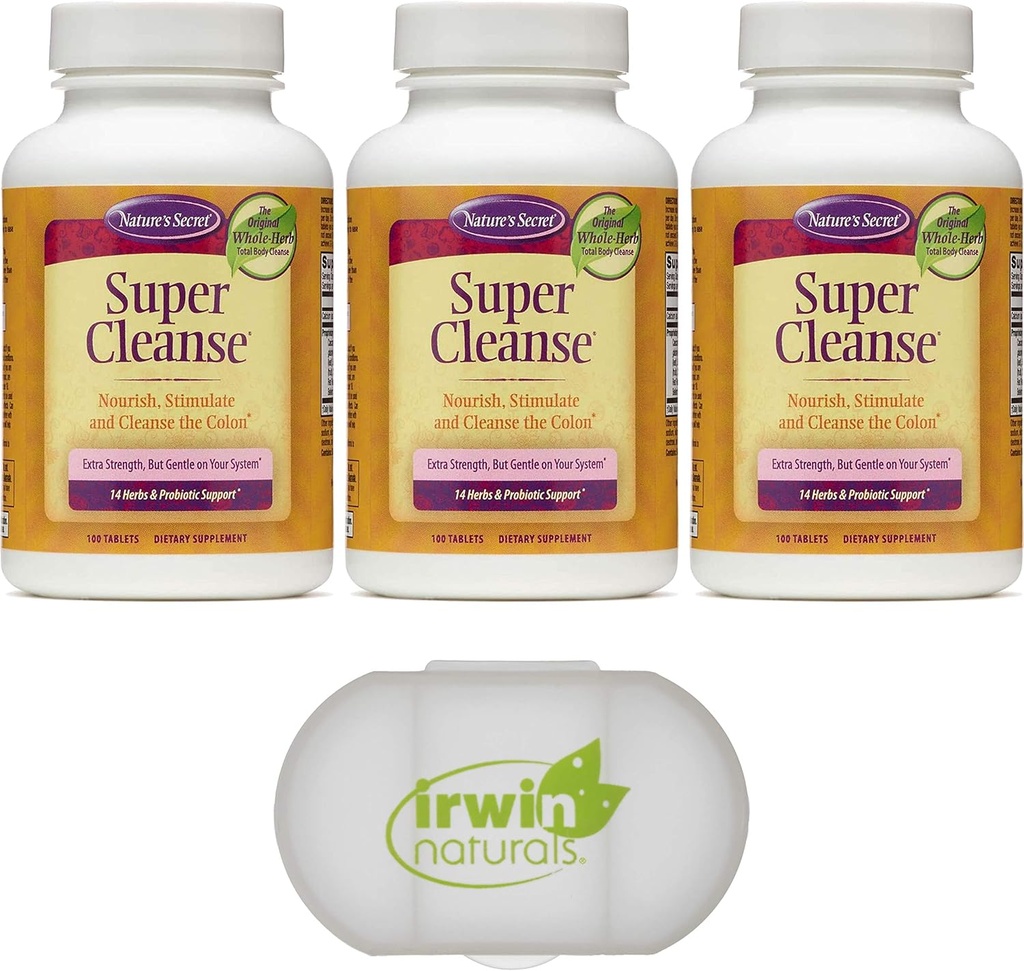 Naturens Secret Super Cleanse Extra Strength Toxin Detox & Gentle Elimination Total Body Cleanse, Digestive & Colon Health Support, 3 Packs of 100 Tablets, med en Pill Case