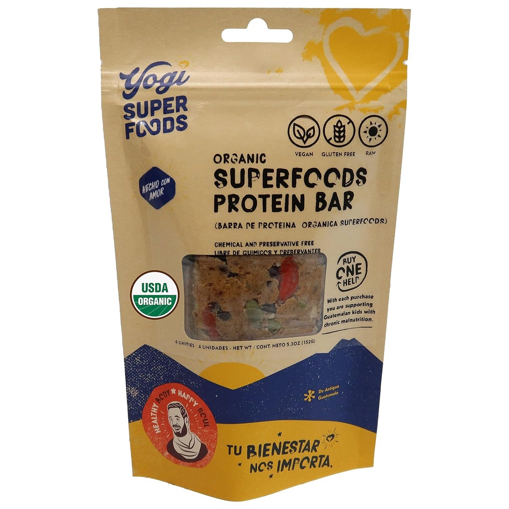 Yogi Super Foods Maca Protein Bars med Cacao för hälsosam energi - Raw, Vegan, Gluten Free, Low Glycemic Superfood Snack Food Bars med växtprotein, Cocoa Powder & Granola - 4 barer