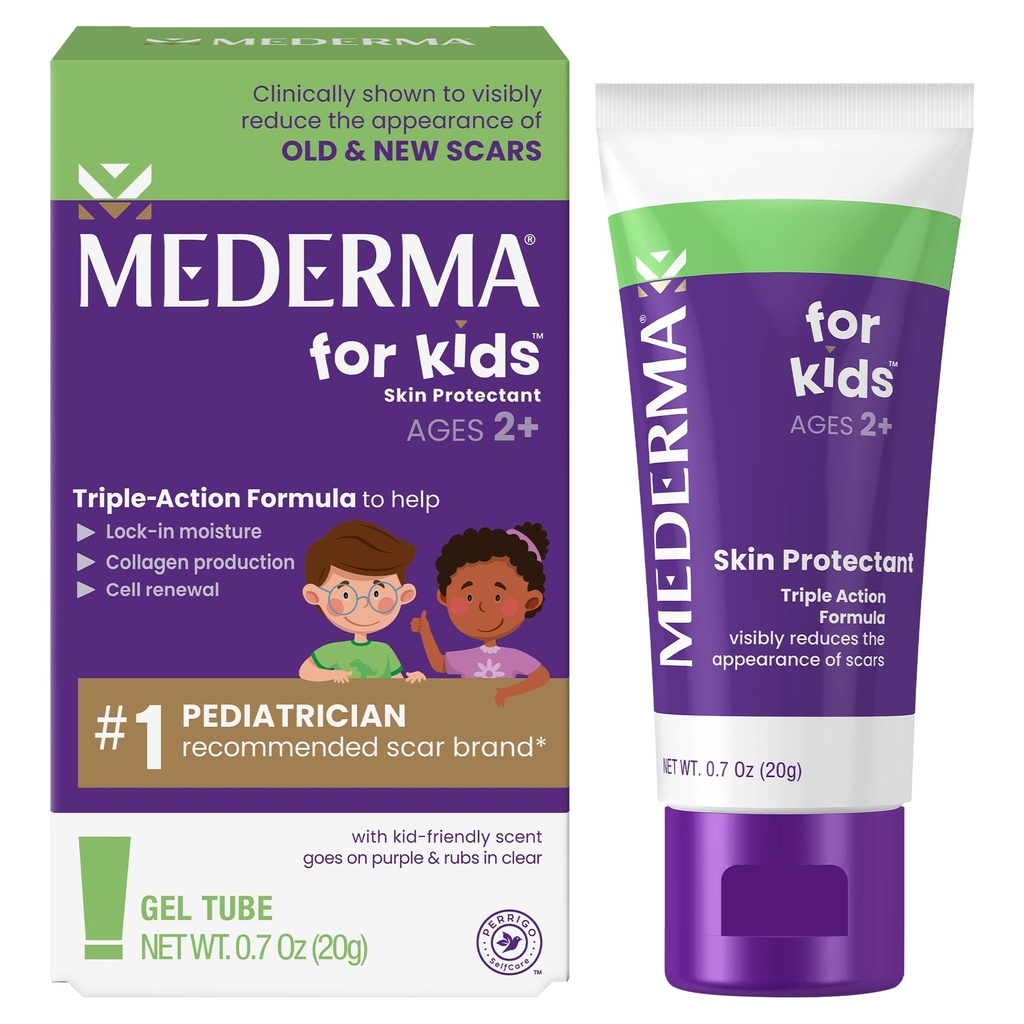Mederma Scar Gel för barn - minskar utseendet på gamla och nya skott från skär, brännskador, kirurgi, insektsviter och skrapor, druvdoft, går på lila och rökar i klar, ålder 2 +, 0.70 Oz