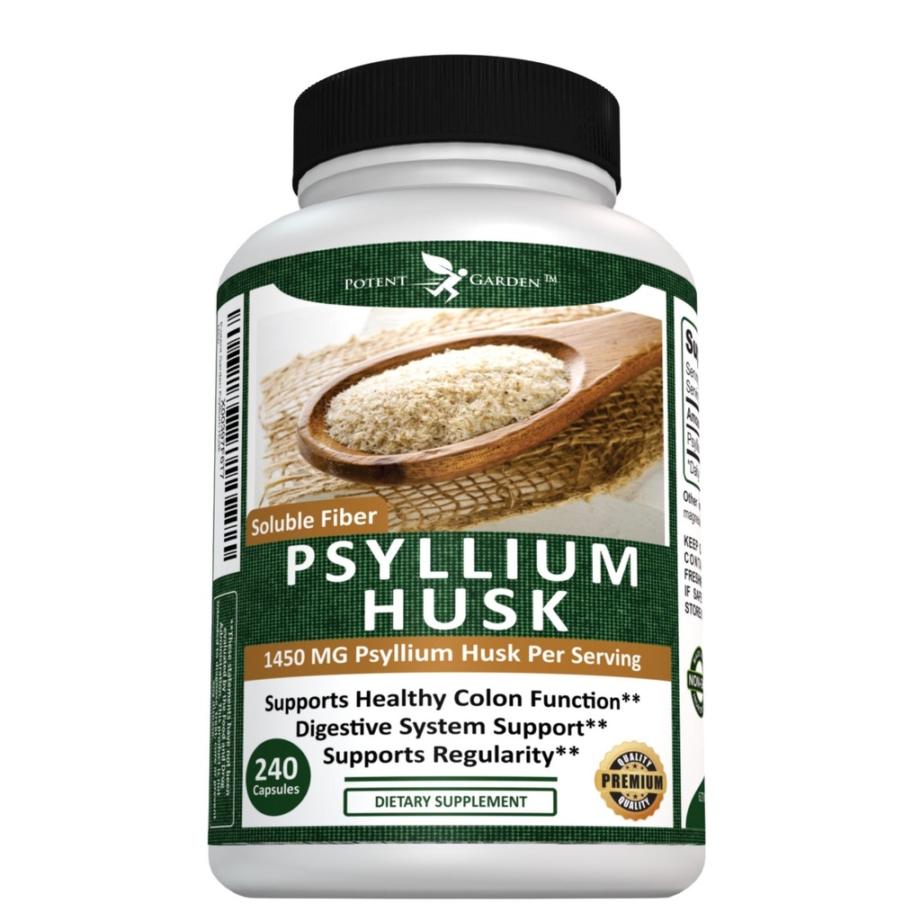 Potent Garden Psyllium Husk Capsules All Natural & Powerful Soluble Dietary Fiber Supplement hjälper till att stödja Regularity & Digestion, 240 Caps