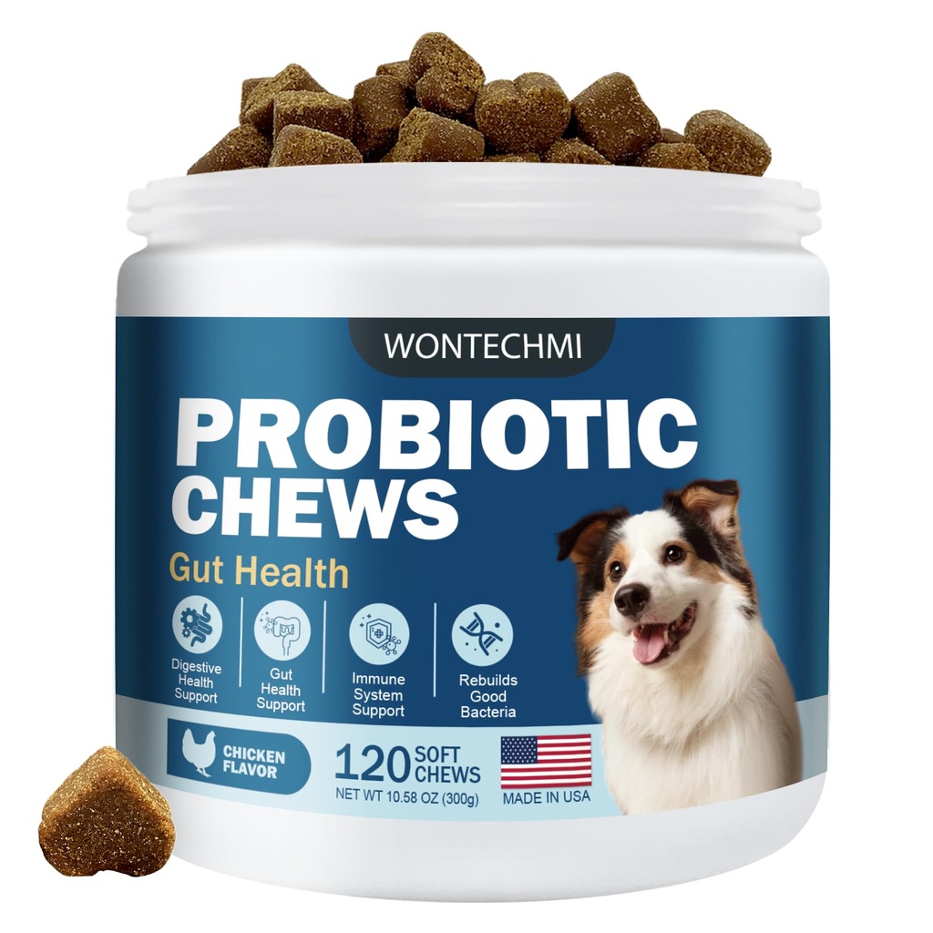 Probiotika för hundar, förbättra Itchy Skin Itchy Ears, Gut Health, Yeast Balance, Allergier, immunitet, hundprobiotika och Digestive Enzymer med prebiotika, minska diarré (Chicken, 120 tuggor)