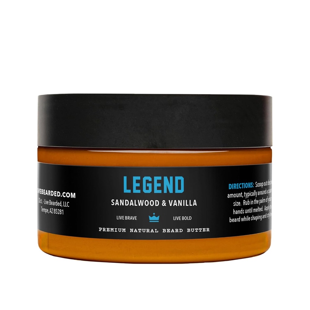Live Bearded Bearded Butter, 3 fl oz - Tillverkad i USA - All-Natural Leave-in Conditioner och Softener med Shea | Legend Scent - Sandalwood, Vanilla