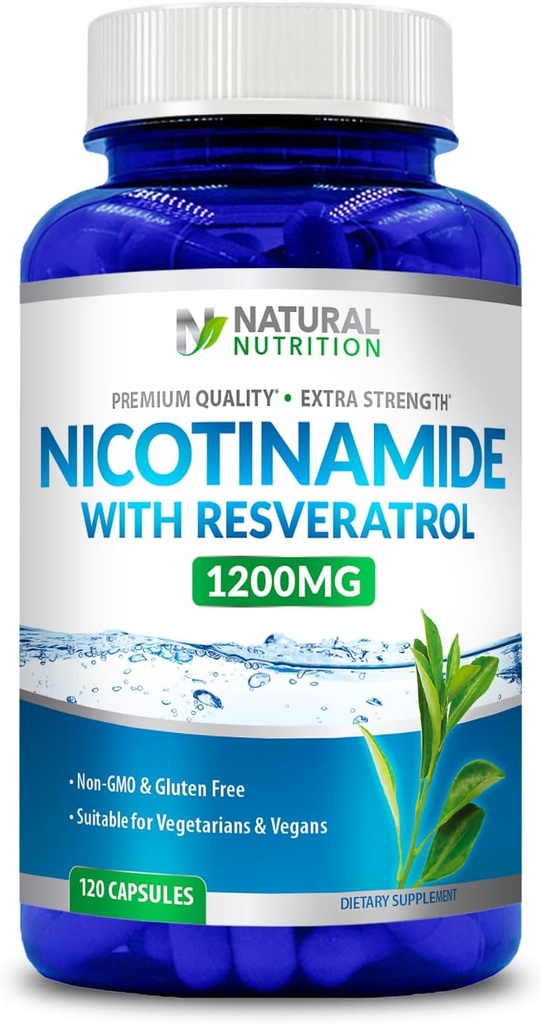 Generisk naturlig vitamin Extra styrka Nikotinamid med Resveratrol 1200mg (Vitamin B-3) 120 Veggie kapslar Gluten Free & Non-GMO