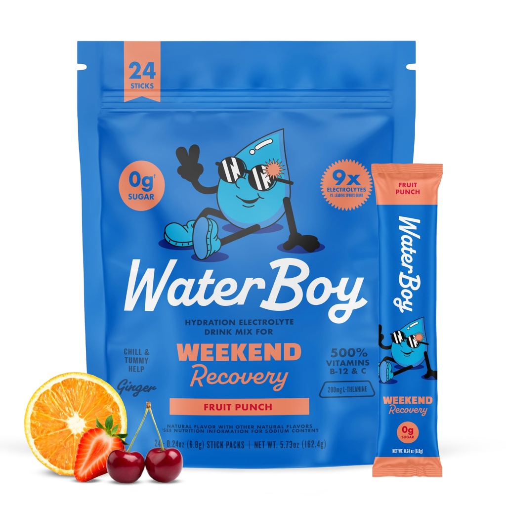 Waterboy Weekend Recovery | 3 200mg Electrolyte Powder Packets | Ginger + L-Theanine + Vitaminer | No Sugar, All Natural, Gluten Free | 24 Drink Stick Mixes (Fruit Punch)