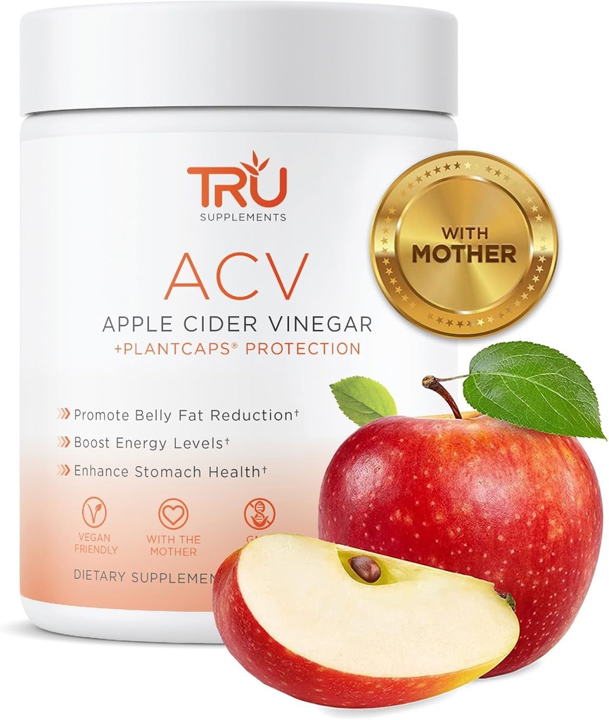 TRU Supplements ACV, Apple Cider Vinegar, organisk ACV med Modern, förbättrar Digestion och hudhälsa, 45 portioner, 1000mg