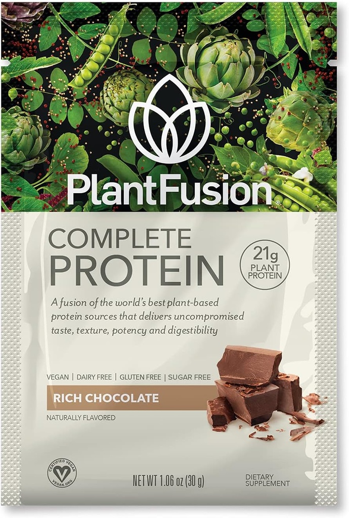PlantFusion Complete Vegan Protein Powder - Plant Based Protein Powder with BCAAs, Digestive Enzymes and Pea Protein - Keto, Gluten Free, Soy Free, Non-Dairy, No Sugar, Non-GMO - Chocolate Pack of 12