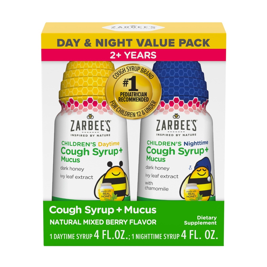 Zarbees barns honung hosta Syrup + Mucus Day & Night Value Pack, Daytime & Nighttime Toddler Cough Syrup, Dark Honey, Ivy Leaf Extract, Chamomile, Mixed Berry Flavor, 2X 4 Fl Oz
