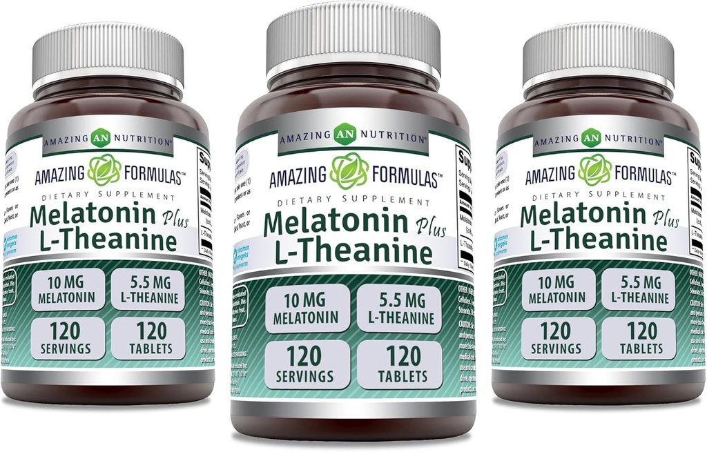 Fantastiska formler Melatonin 10 Mg Plus L-Theanine 5.5 Mg Supplement | 120 tabletter | Non-GMO | Gluten Free | Tillverkad i USA | Förpackning med 3