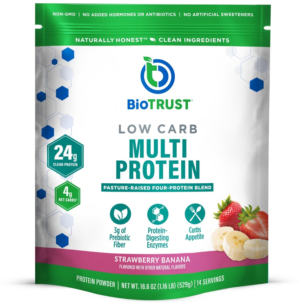 BioTrust Low Carb Protein Powder - Delicious Whey & Casein Blend från Grass-Fed Hormone Free Cows - Non GMO, Gluten Free (Strawberry Banana)