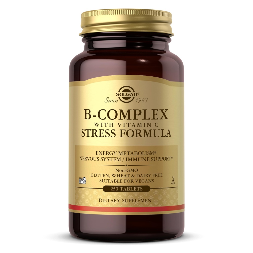 Solgar B-Complex med Vitamin C Stress Formel, 250 tabletter - Energi Metabolism, Nervous System & Immune Support - Non-GMO, Vegan, Gluten Free, Dairy Free, Kosher - 125 portioner