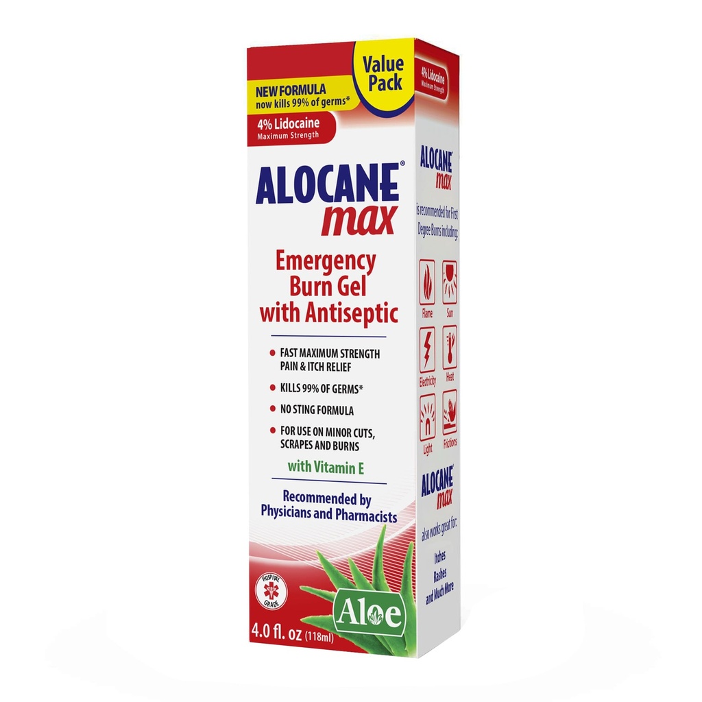 Alocane Max Emergency Burn Gel, 4% Lidocaine Hydrochloride, .13% Benzalkonium Chloride, Maximal Strength Relief, Itch Relief, För Sunburns, Kök, Strålning, Kemiska, First-Degree Burns, 4 Fl Oz