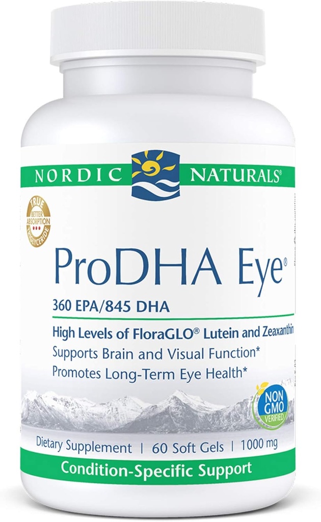 Nordic Naturals ProDHA Eye - Fiskolja, 360 mg EPA, 845 mg DHA, 20 mg FloraGLO Lutein, 4 mg Zeaxanthin, Stöd för neurologisk funktion och långvarig ögonhälsa*, 60 Soft Gels