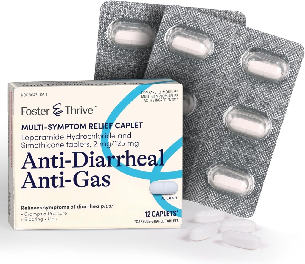Foster & Thrive Loperamid Hydrochloride och Simethicone Anti-Diarrheal Anti-Gas Multi-Symptom Relief, 48 Caplets, Behandling av Diarrhea, Gas, Bloating, Cramps & Pressure, 12 Caplets (Pack of 4)