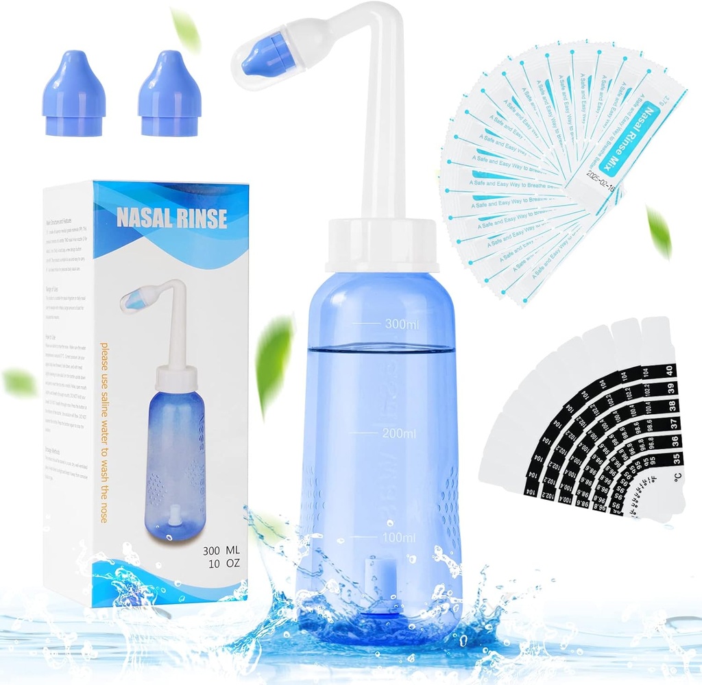 URAQT Neti Pot, Nasal Rinse Kit Nose Wash Cleaner, 300ml Sinus Rinse Bottle med 20 Nasal Wash Salt Packets och 10 Thermometer Sticker, Pressure Rinse Nasal Irrigation för Adult och Kid BPA Free