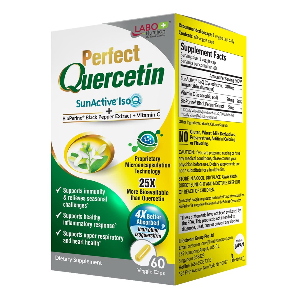 LABO Nutrition Perfekt Quercetin SunActive IsoQ Bioflavonoids, Vitamin C, 25x More Bioavailable, för Immune, Allergy, Sinus Relief och Cardiovascular Support - Healthy Inflammation Response - 60s