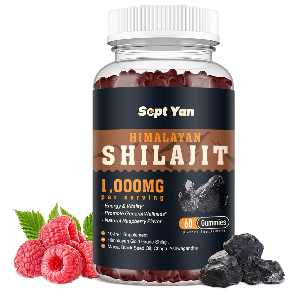 Shilajit Gummies 1000mg - Shilajit Pure Himalayan Organic for Men & Women 85+ Trace Minerals Shilajit Resin med Ashwagandha, Maca, Black Seed Oil - Energi, hjärna, immunitet, Sugar Free Raspberry 60ct