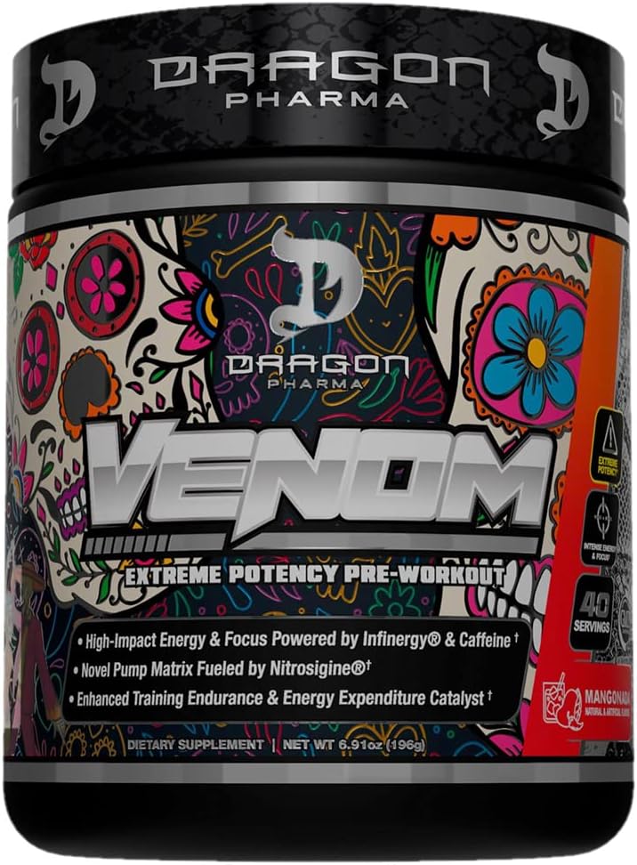 DRAGON PHARMA Venom Extreme Potency Pre-Workout, Laser Sharp Focus + Energy, Intense Performance, beprövade ingredienser för förbättrad vasodilation och uthållighet (40 portioner, Mangonada)