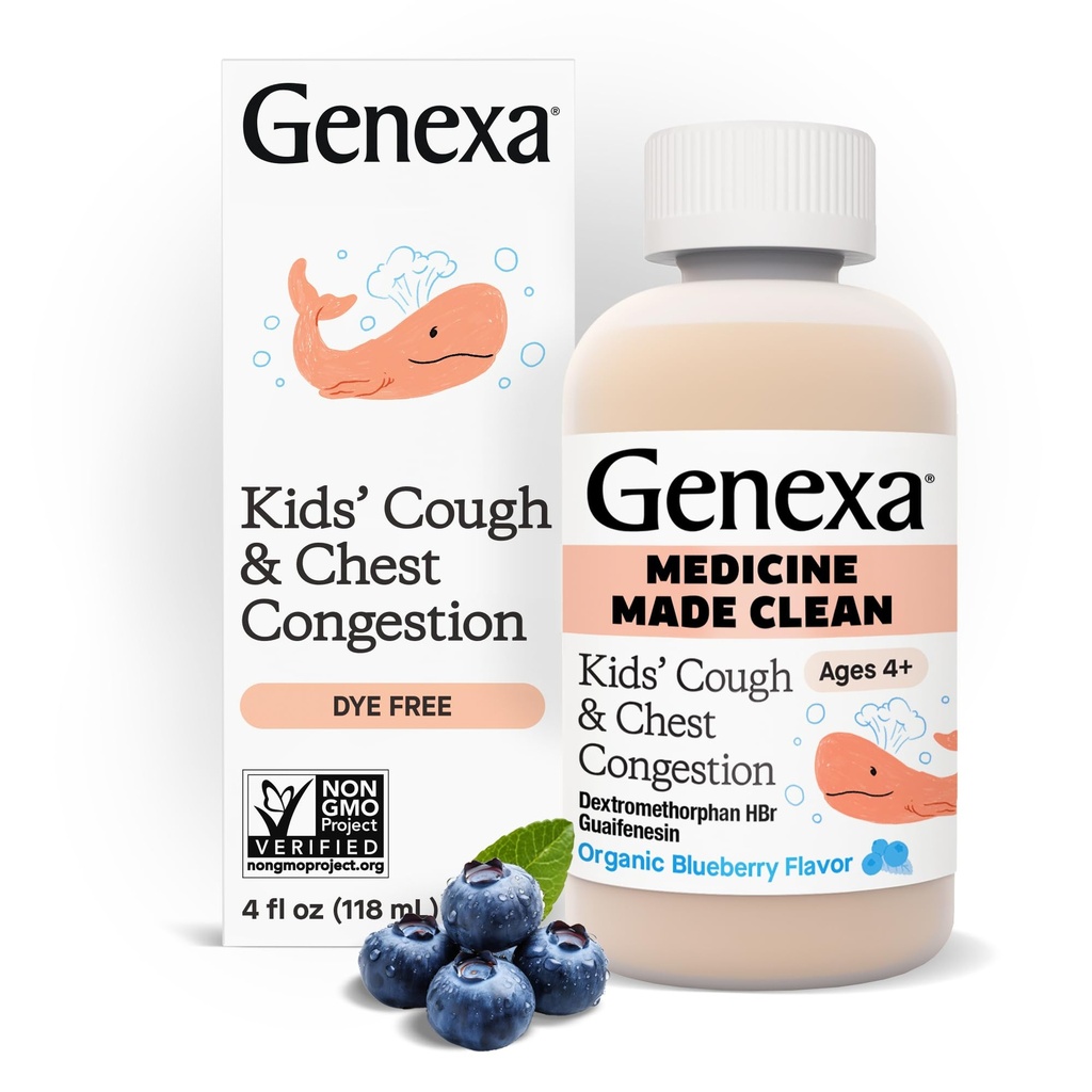 Genexa Kids' Clean Cough & Chest Congestion Medicine, Dye Free, 0% Artificial Additives, Multi-Symptom Cough Syrup för barn 4-11, hosta Suppressant & Expectorant, Organic Blueberry Flavor, 4 fl oz