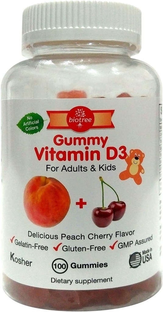 BioTree Labs Vitamin D Gummy Björnar - Pack av 100, för vuxna och barn | Peach & Cherry smaksatt tuggbar vitamin D3 | Stor för friska ben, tänder, immunsystem, hjärna och nervsystem