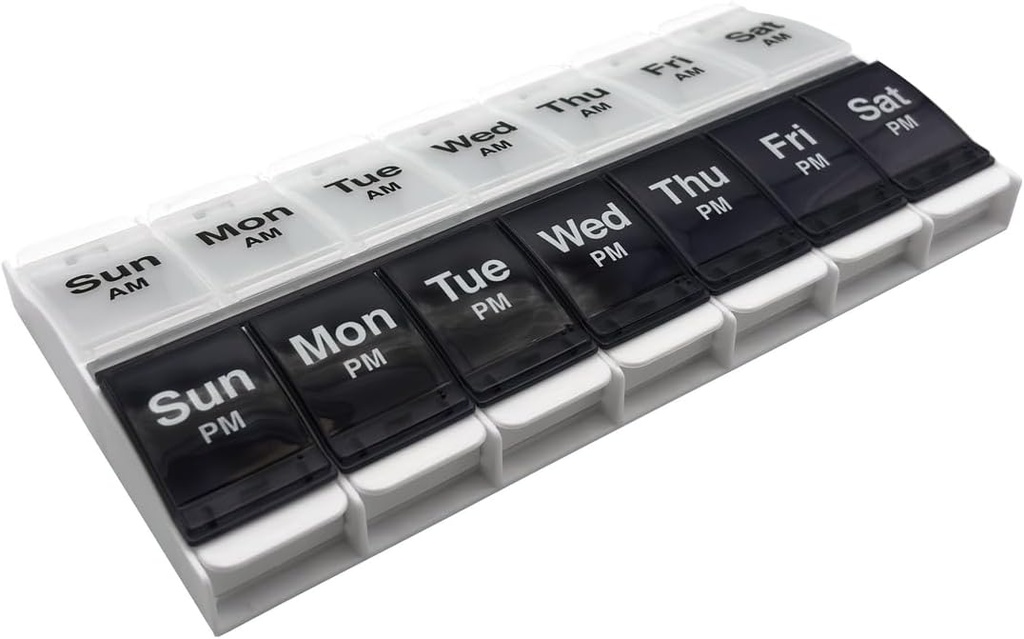 EZY DOSE Push Button (7-Day) Pill Case, Medicine Planner, Vitamin Organizer, 2 gånger om dagen AM / PM Container, X-Large Compartments, Arthritis Friendly, Effortless Open, Clear Lids, Blue / White, BPA Free
