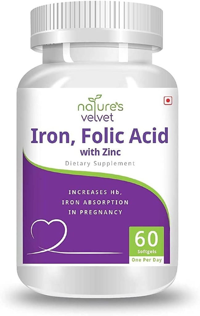 Natures Velvet Lifecare Iron & Folic Acid med Zink, för tillägg i graviditet, 60 mjukgels