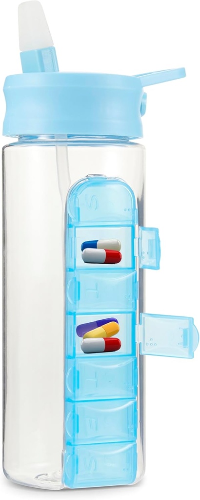 MARS WELLNESS 24 Ounce Water Bottle med Slideout Pill Box, Daily Organizer - 7 Day Medicine Holder, Easy Slide Out Pill Container, Popup Straw för Hydration