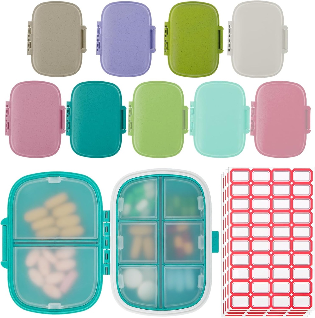 9 Pack Travel Pill Organizer 8 Compartments Portable Pill Case Small Pill Box för Pocket Purse Daily Pill Container Medicine Vitamin Holder Dispenser för Fish Oil Supplement Storage