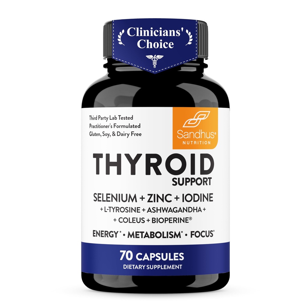 Sandhu's Thyroid Support Komplex med Selenium, Zink, Iodine, L Tyrosine, Ashwagandha | Pure Health Supplement för kvinnor och män | 70 greve, 35 dagar Supply
