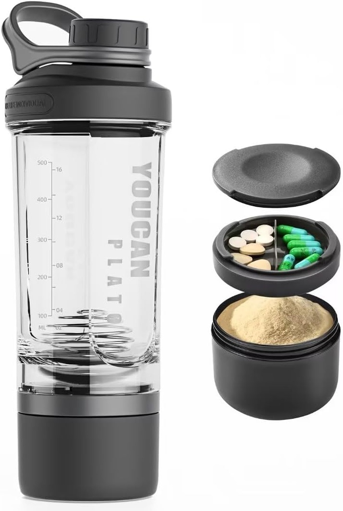 21oz Protein Shaker Bottle med Powder Storage Container-Shaker Cups för Protein Shakes-pre träning flask-Mixer Cup-Gym Sport Water Bottle -Made med Tritan BPA Free, med Wire Whisk Balls (Black)
