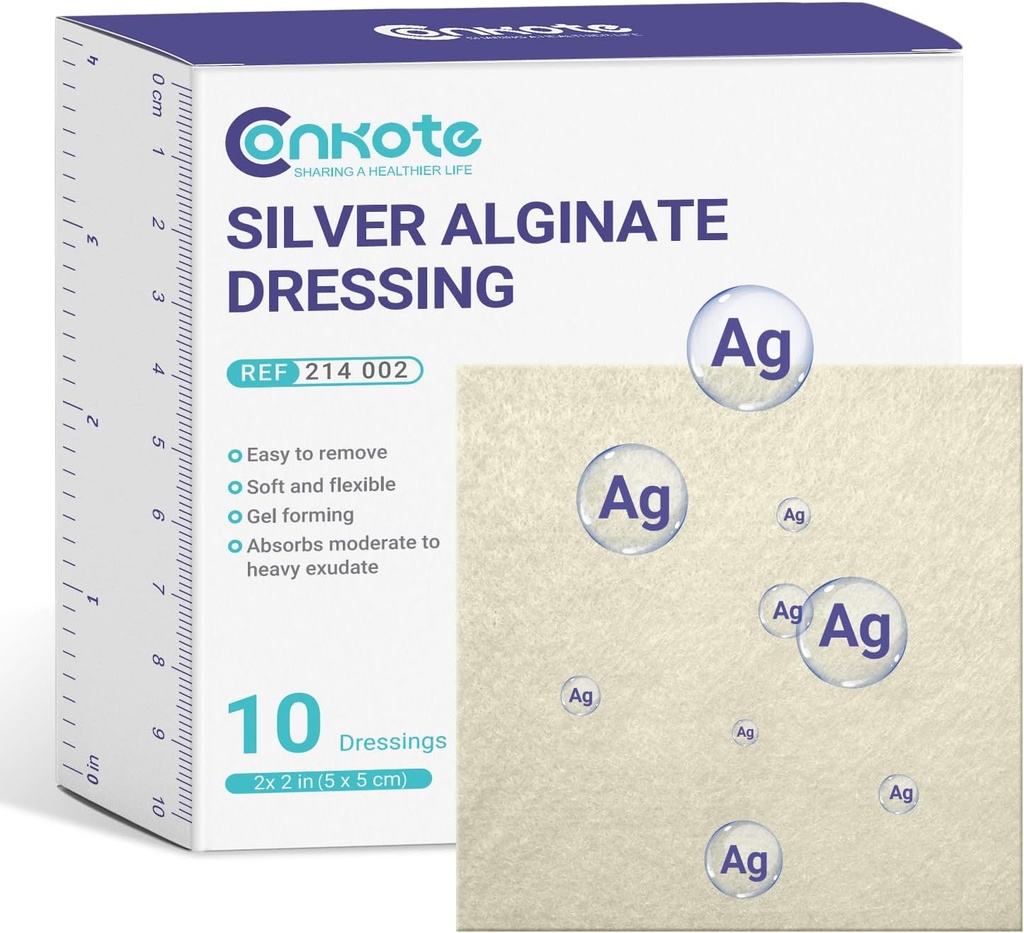Conkote Silver Alginate Wound Dressing Pads 2 "x 2", 10 Pack, Non-Stick Padding Ag Patches, Högt Absorbent för tryck Ulcer, Bed Sore och Diabetic Foot Ulcer