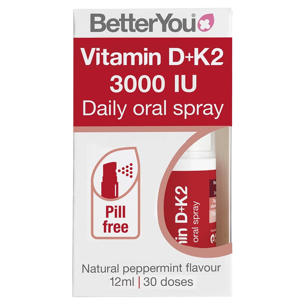 BetterYou D3000 och K2 Vitamin D Daily Oral Spray - Bekvämt alternativ för tabletter - stöder benhälsa och öka immunförsvaret - förhindrar blodkoagulering - naturlig pepparmint smak - 0,4 oz