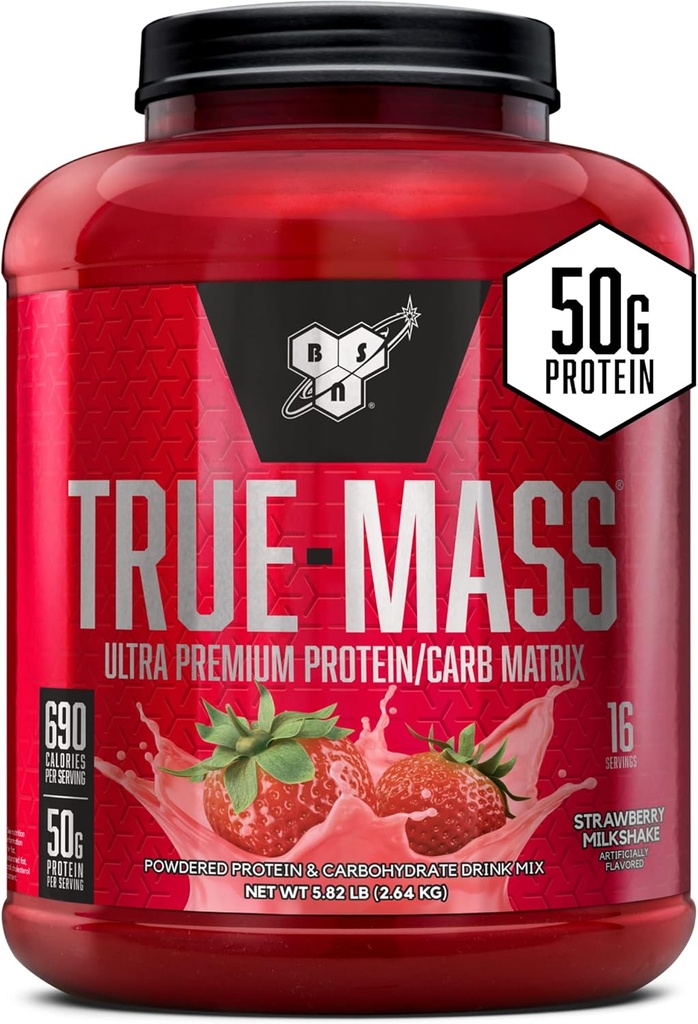 BSN TRUE-MASS Weight Gainer, Muscle Mass Gainer Protein Powder, Strawberry Milkshake, 5,82 Pound