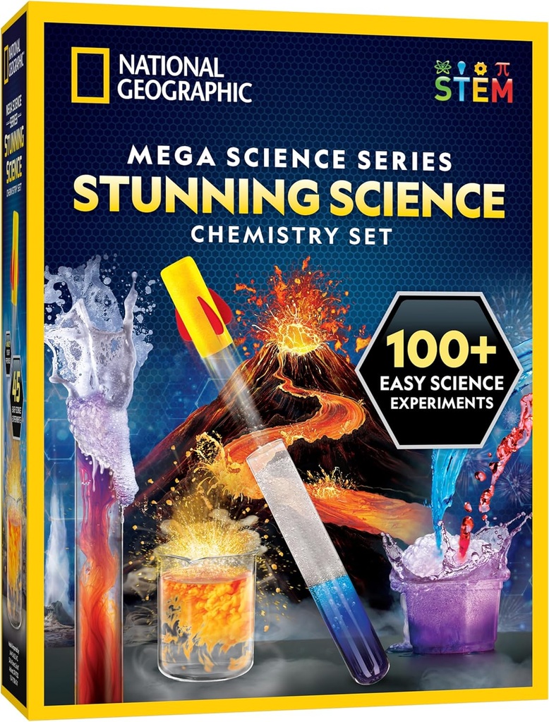 National Geographic Stunning Chemistry Set - Mega Science Kit med 45 enkla experiment - Gör en vulkan och starta en raket, STEM-projekt för barnåldrarna 8-12, Science Toys (exklusiv)