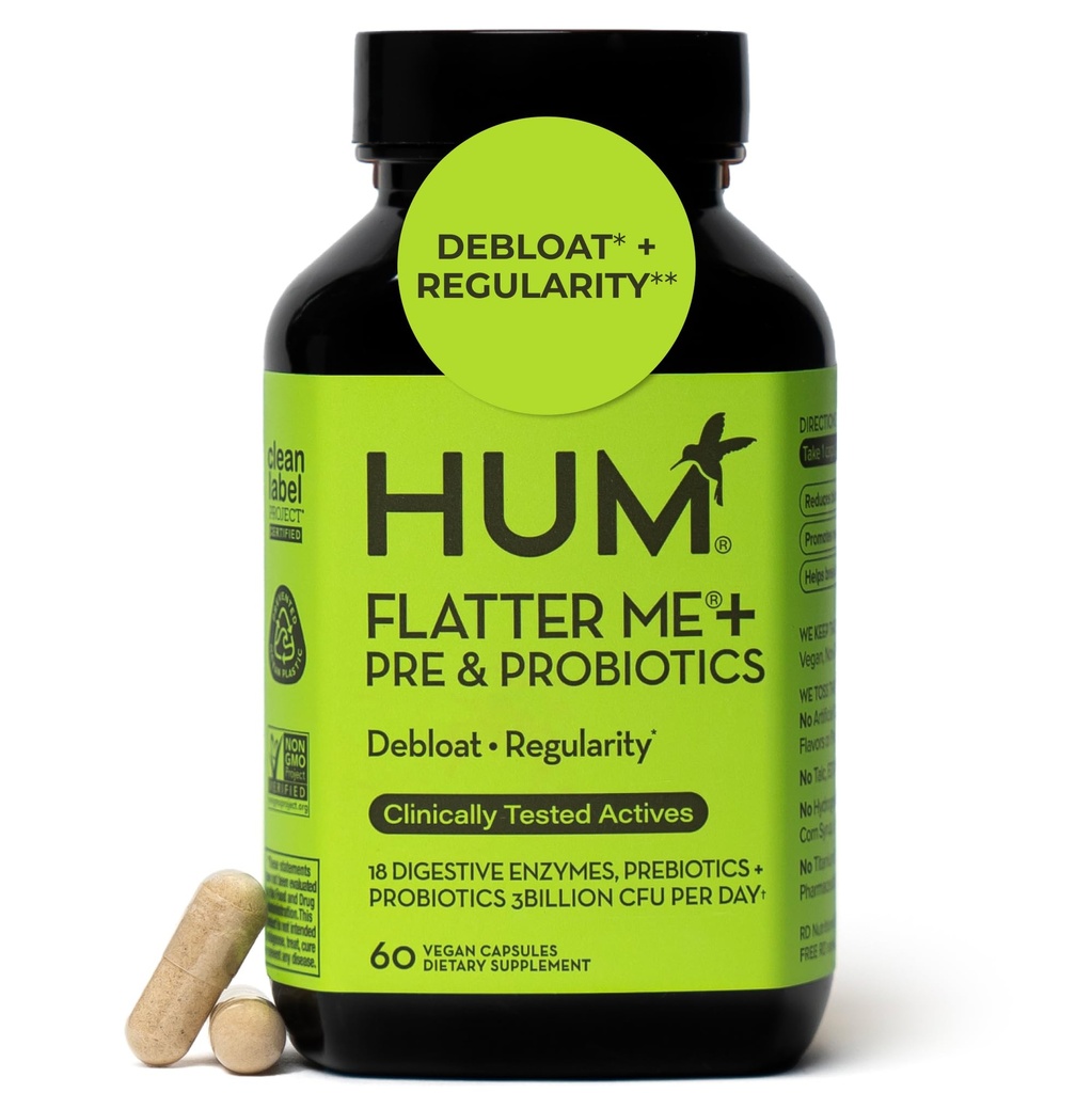 HUM Flatter Me Digestive Enzymes Plus Prebiotics & Probiotics, Digestive Health Bloating Supplement for Women & Men, Fast Acting Anti Bloat Pills Multi Enzyme for Debloating, Vegan, 60 Capsules