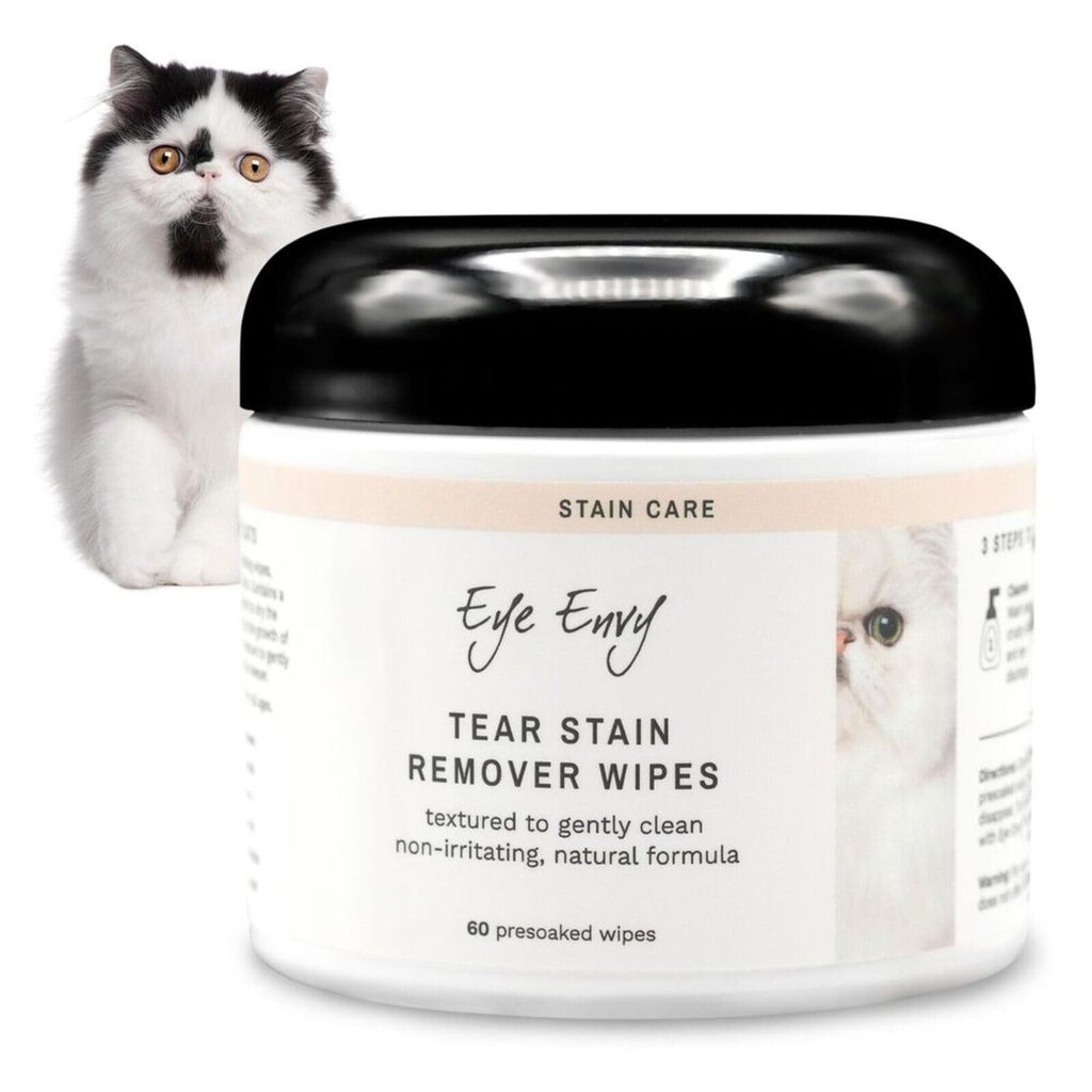 Eye Envy Tear Stain Wipes för katter. Textured till Gently Clean, behandlar orsaken till färgning. 100% naturlig formel. Rekommenderas av Persian & Exotic Breeders, Vets, Groomers. USA Made. 60 Cat Eye Wipes